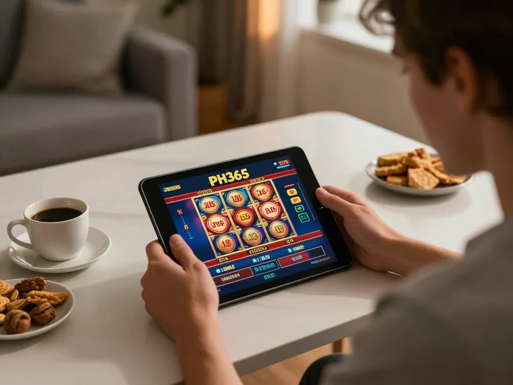 Engaging scene of online betting on PH365 with a player focused on tablet interface featuring live casino games.