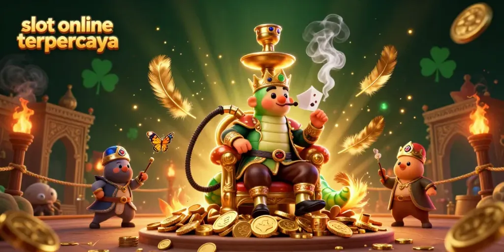 Permainan slot online terpercaya dengan karakter ulat raksasa dan simbol poker yang menawan.