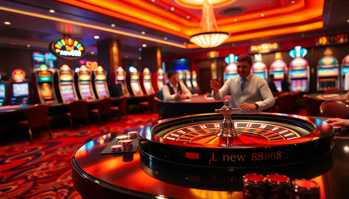 Experience thrilling gameplay at new888 with a vibrant casino scene featuring roulette tables and slot machines.