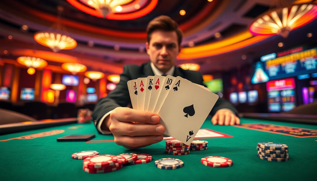 Aksi menarik arushoki di meja poker kasino yang diringi cahaya berwarna-warni.