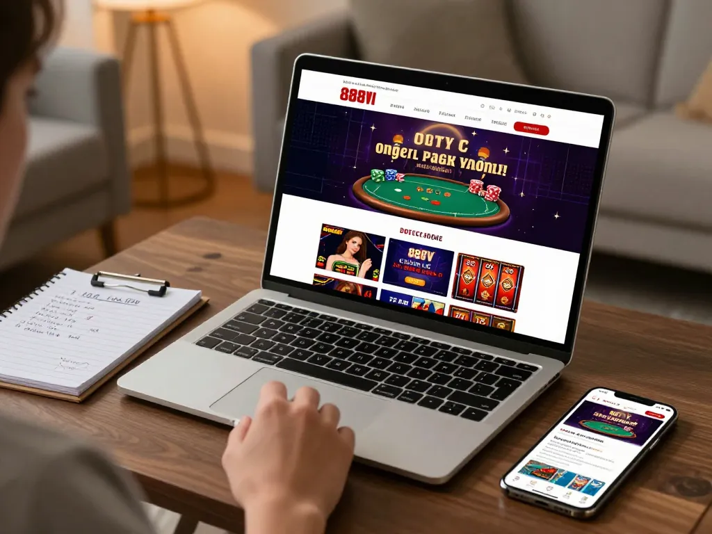Person strategizing on 888VI Homepage, engaging with online betting options during a cozy home gaming session.