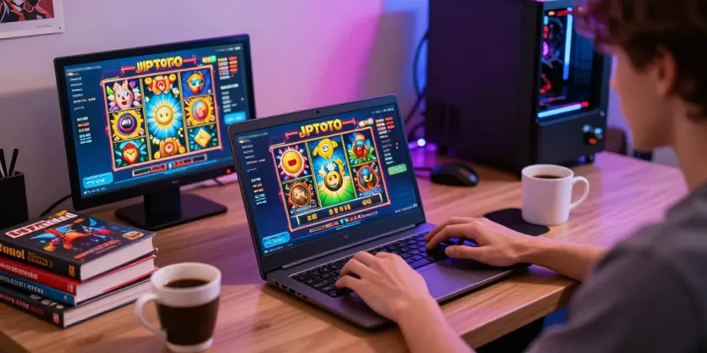 Permainan slot JPTOTO dengan laptop dan suasana menarik di sekitar.