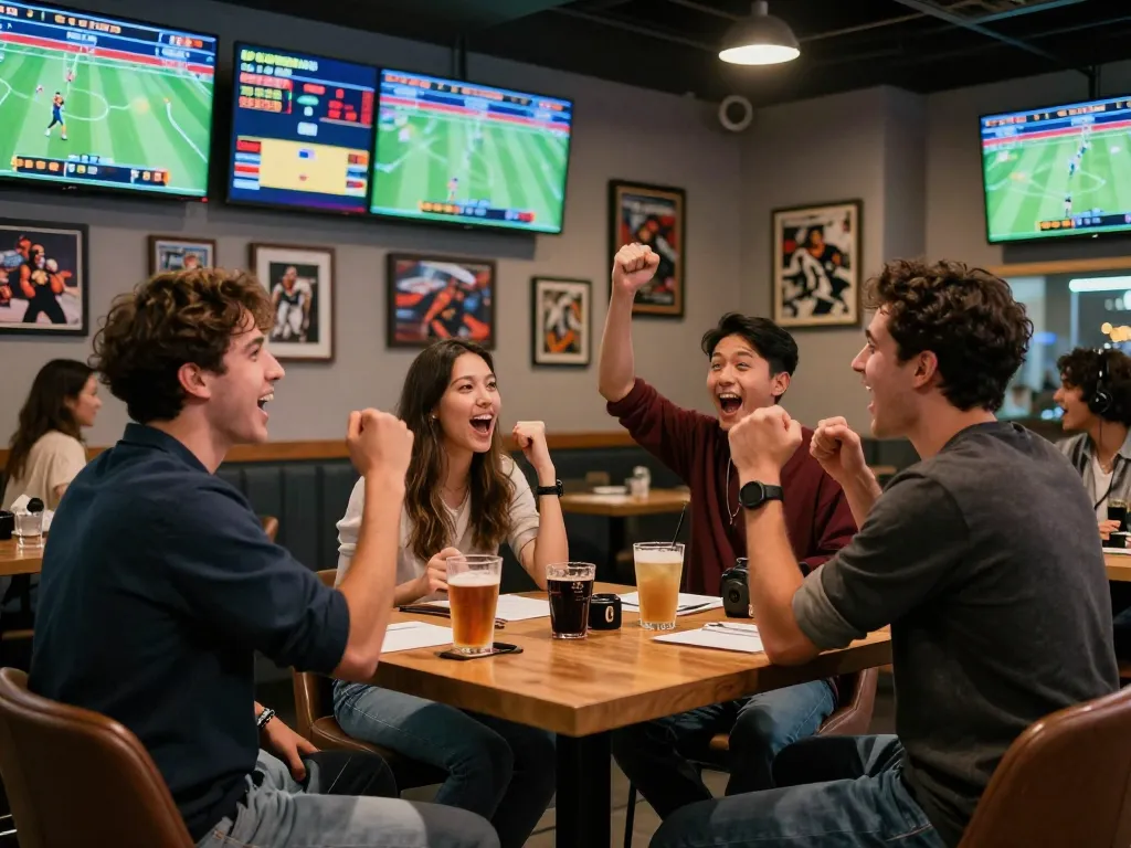 Group enjoying sports betting excitement, keo nha cai displayed on screens, lively atmosphere with drinks and cheers.