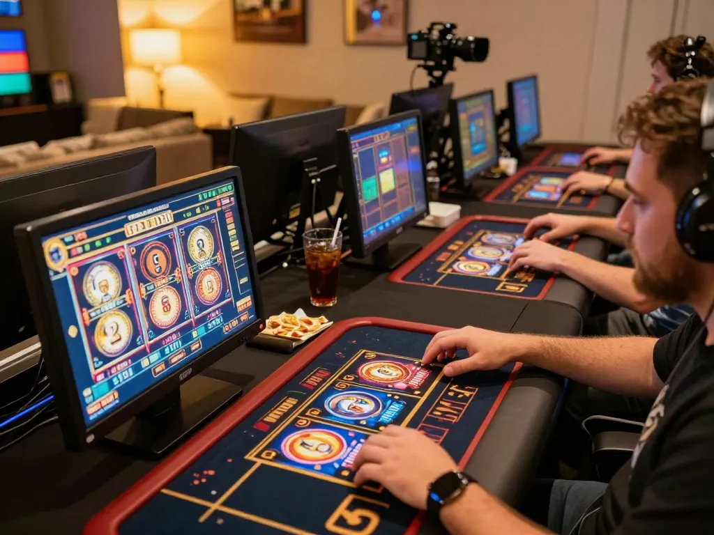 Players enjoying online slots and tables in a lively home setting, engaging with Rik vip gaming content.