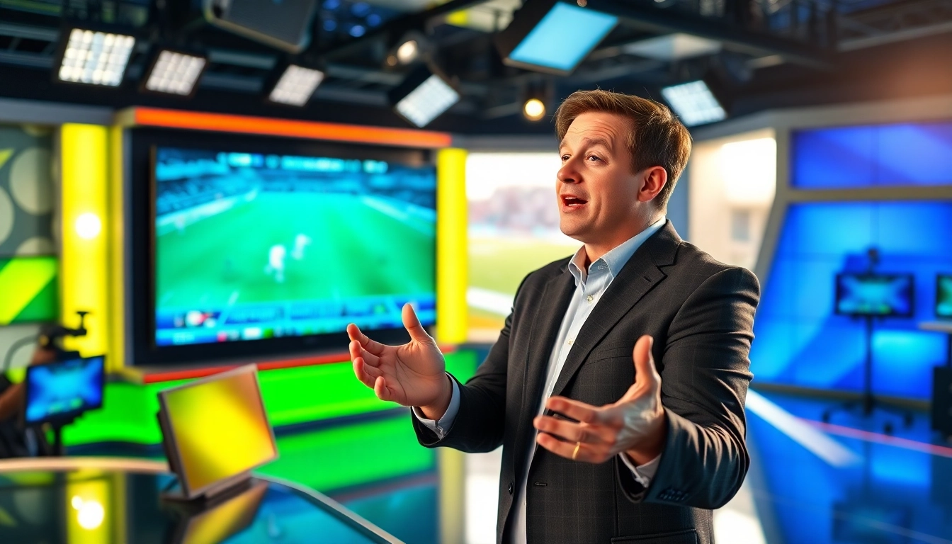 Engaging scene of sports broadcasting with a host delivering live commentary.