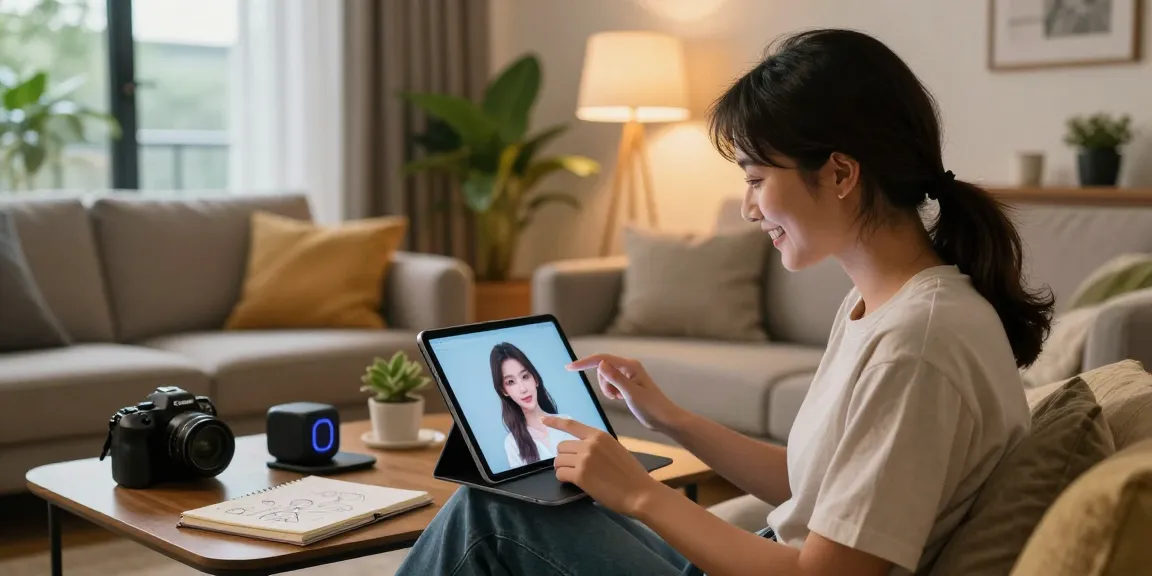 Engaging with an AI girlfriend on a tablet in a cozy modern lounge setting.