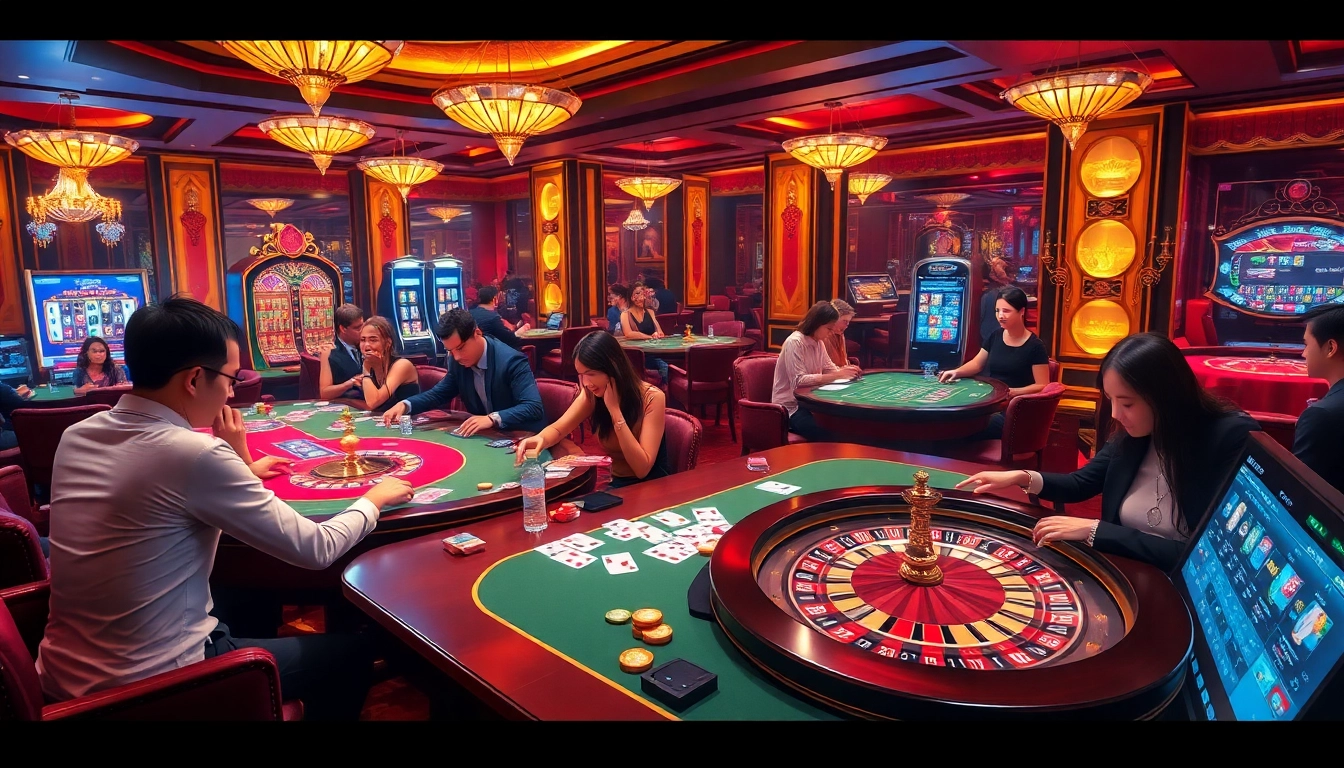 Experience a thrilling game at 98Win's luxurious casino with vibrant tables and excited players.