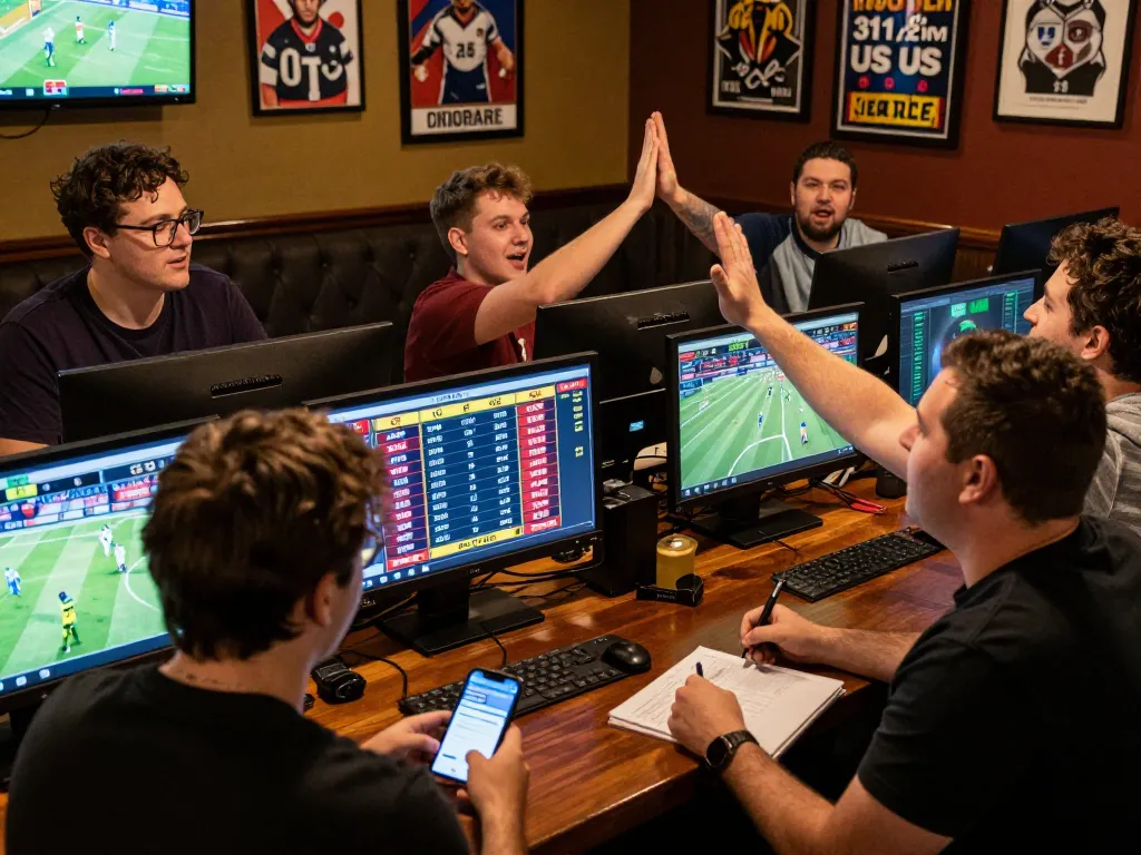 Active sports betting scene where enthusiasts analyze soi kèo odds on multiple screens, showcasing strategy and excitement.