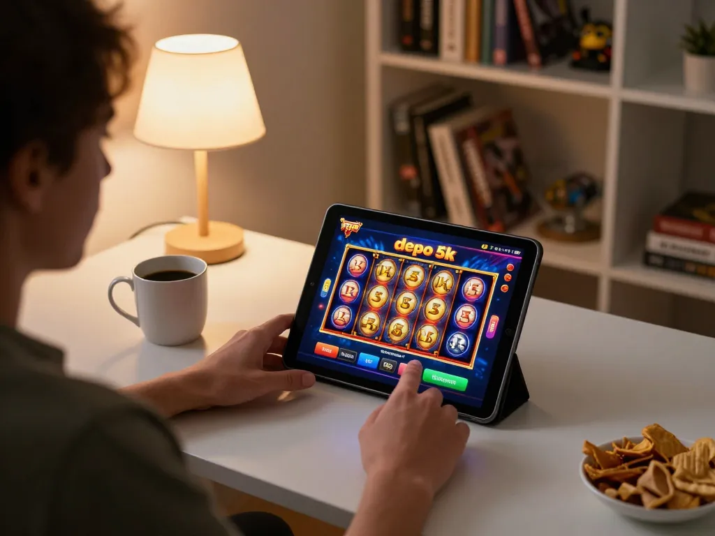 Engaging gameplay on slot depo 5k displayed on tablet with vibrant graphics in a cozy home setting.