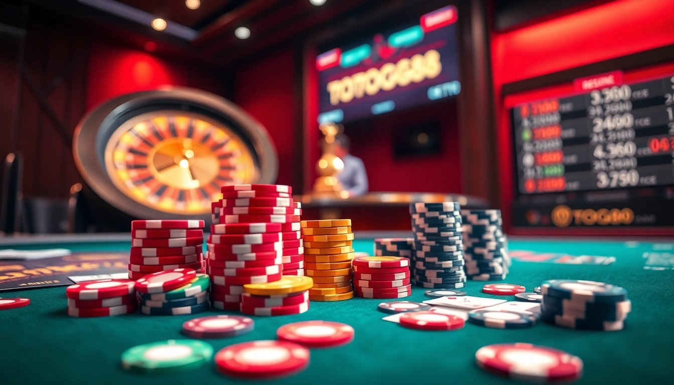 Players engage with TOTOGG88's exciting poker table showcasing vibrant chips and cards.