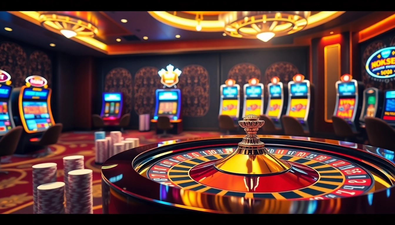 Experience the excitement of NHÀ CÁI MM88 with vibrant casino elements like poker chips and slot machines.