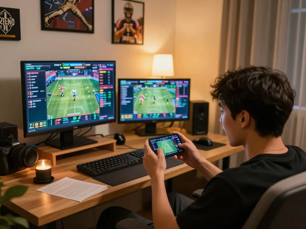 KONG88 user engaging in live sports betting with mobile app in modern living room setting