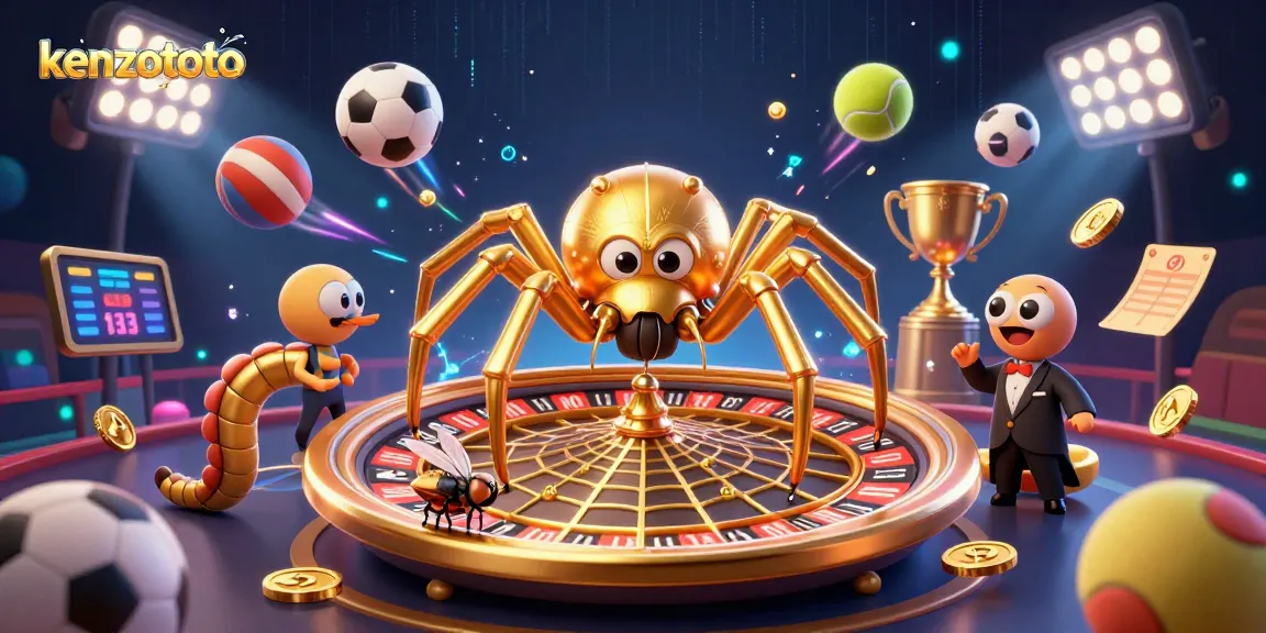 Kenzototo offers thrilling betting opportunities with a spider and croupier in a dynamic casino scene.