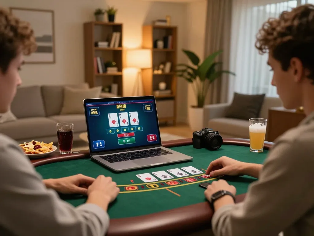 Engage in responsible gaming at home with bem88's live dealer blackjack setup on a laptop.