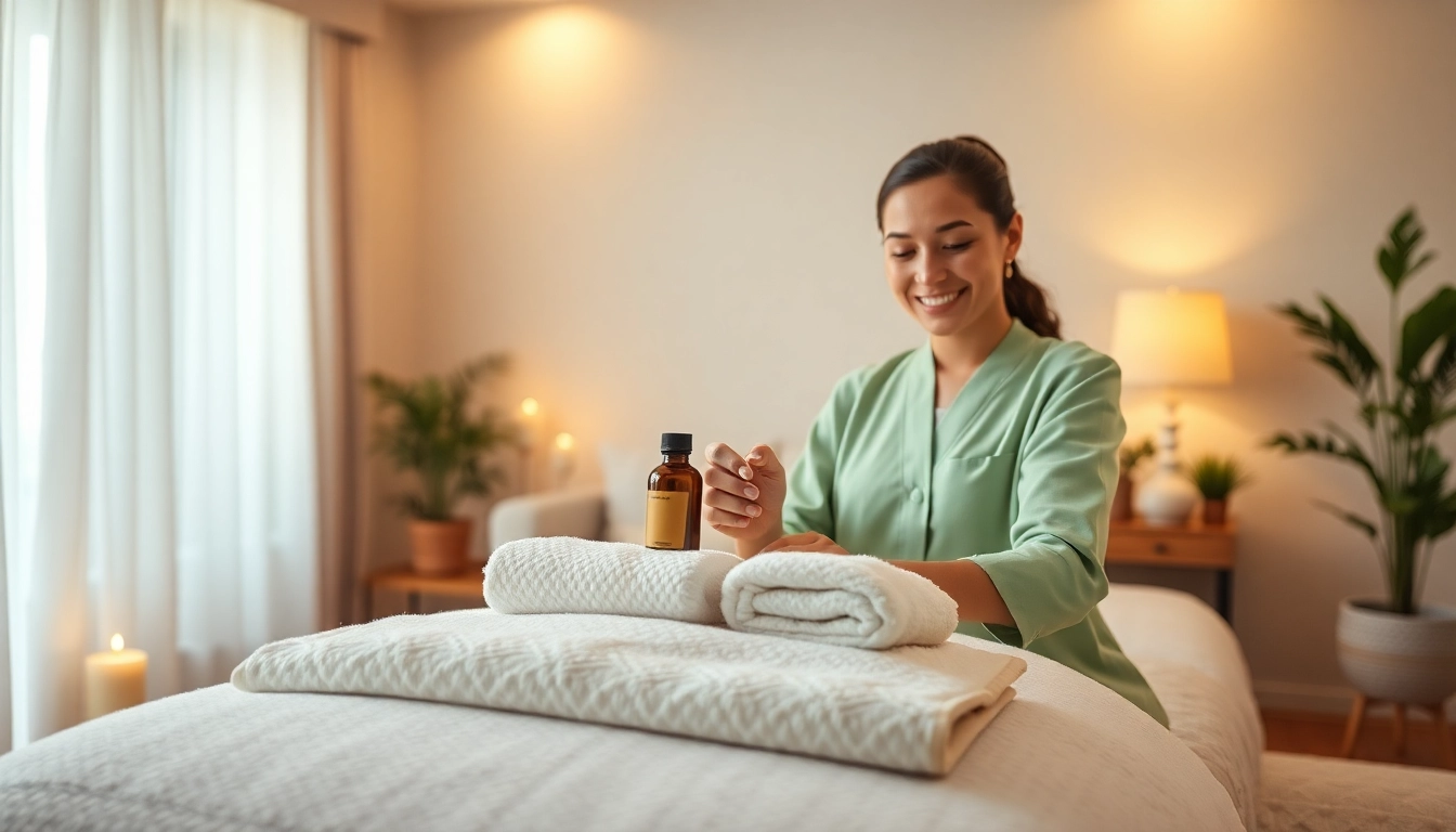 수원출장마사지 scene depicting a young, friendly therapist preparing for a calming home massage.