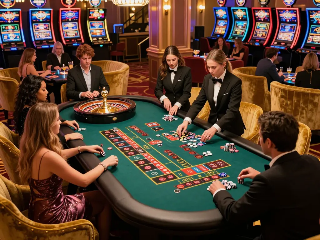 net88 players engaging in high-stakes roulette at an upscale casino with vibrant decor.