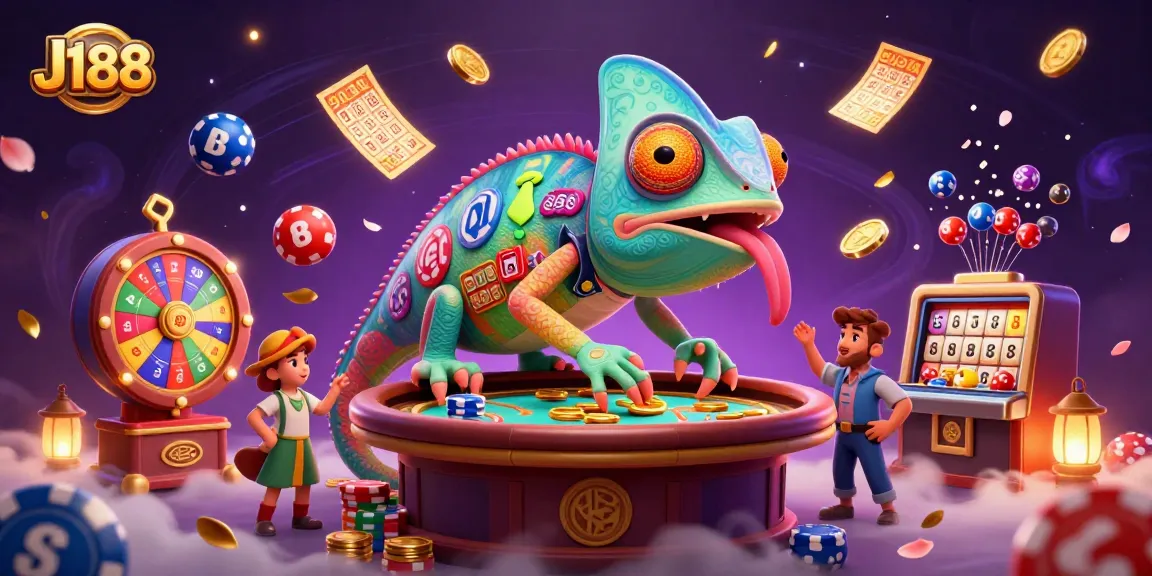 Experience engaging gameplay at J188 with a vibrant chameleon casino owner amidst dazzling gambling elements.
