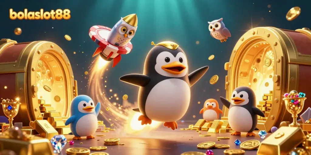 Experience thrilling gameplay with bolaslot88 as a golden penguin soars to a vibrant casino space station.