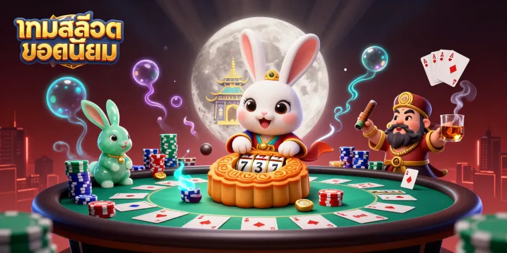Engage with เกมสล็อตยอดนิยม featuring a moon rabbit revealing slot elements in a vibrant 3D casino scene.