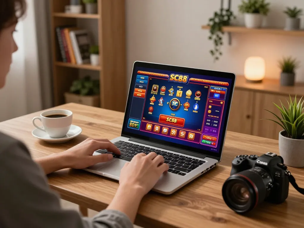 Engaging in online gaming at SC88 with vibrant graphics and cozy ambiance.