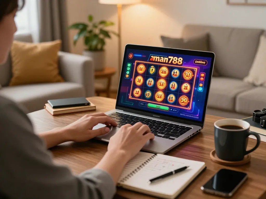 Engaging in aman788 slot online gaming from home, showcasing a cozy setting with strategy notes.