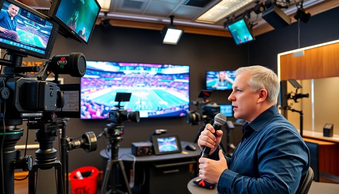 Engaged commentator in a professional sports broadcasting studio, enhancing content delivery.