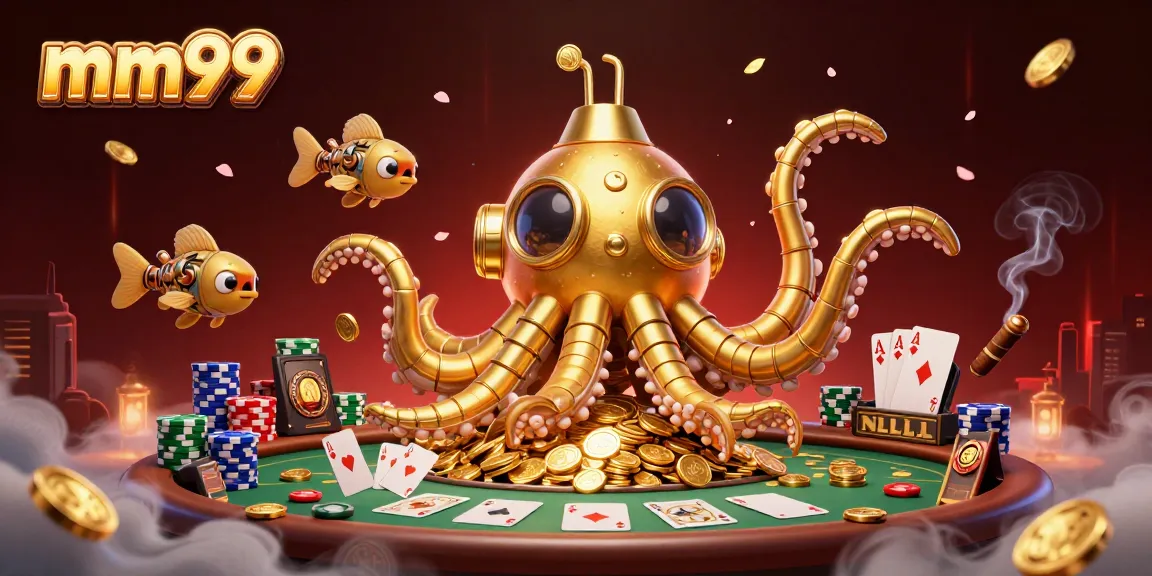 Play engaging casino games at mm99 with a vibrant illustration of golden kraken and poker elements.