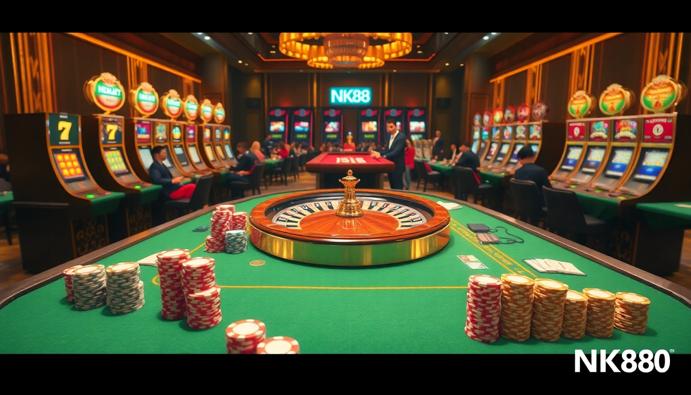 NK88 players enjoy thrilling action at a vibrant casino table with colorful poker chips and slot machines.