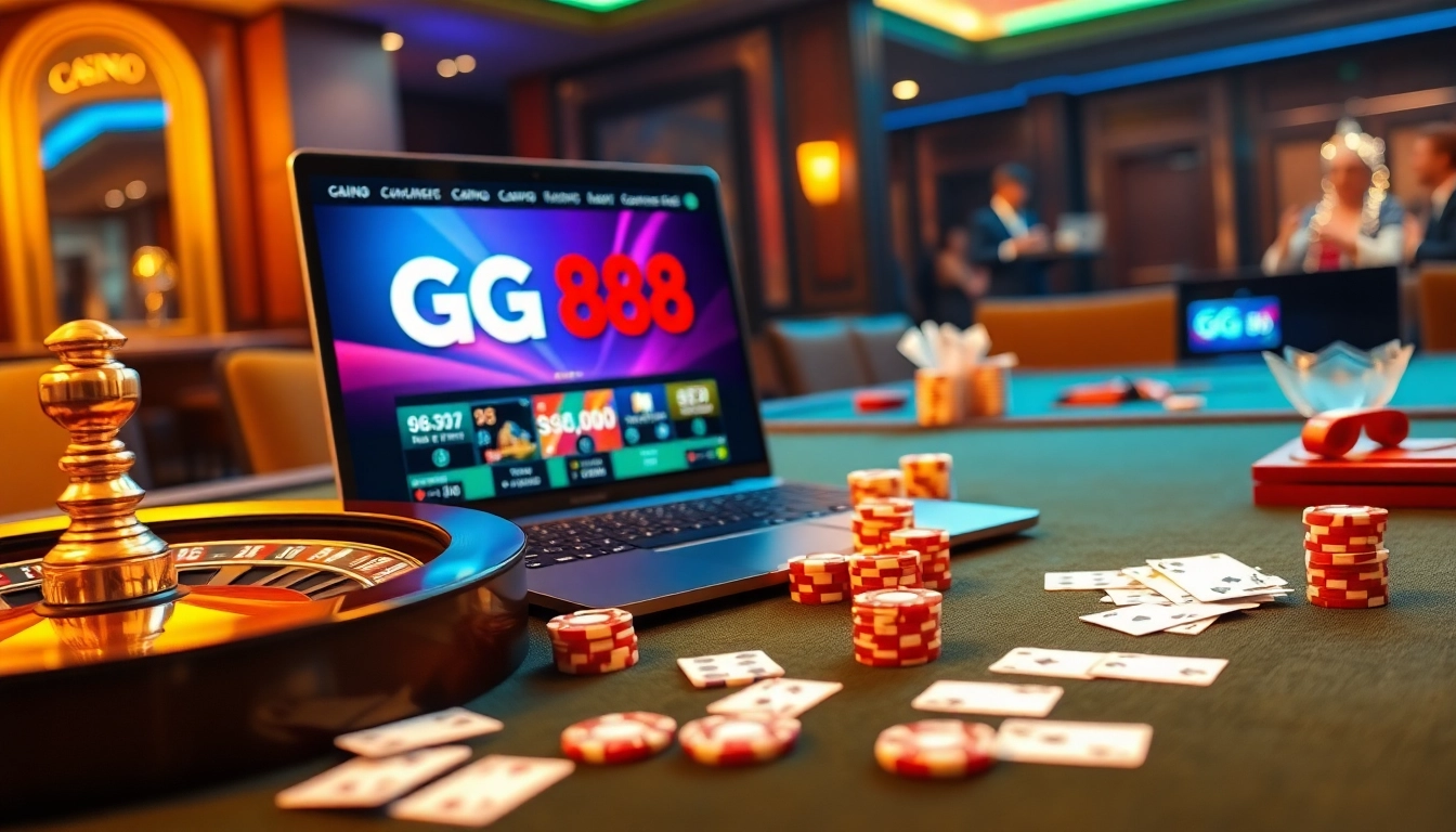 Play thrilling casino games at GG 88 with vibrant poker chips and roulette wheel.