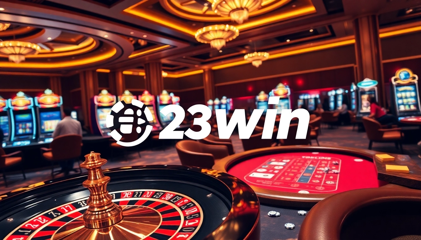 Experience thrilling high-stakes gameplay with 23win's casino tables and vibrant roulette wheel.