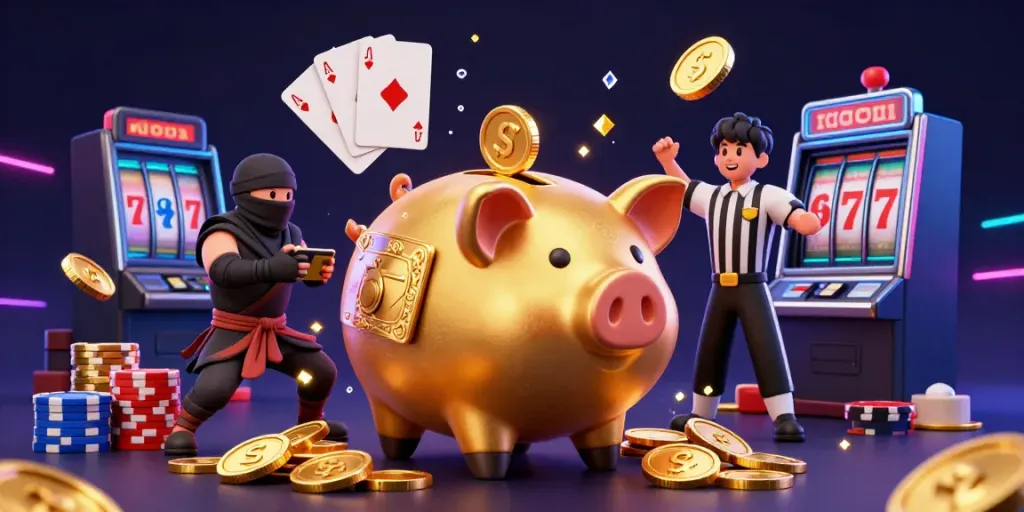 Engage with tỷ lệ kèo bóng đá through a vibrant gaming scene featuring a piggy bank wrestler, coins, and dynamic game elements.