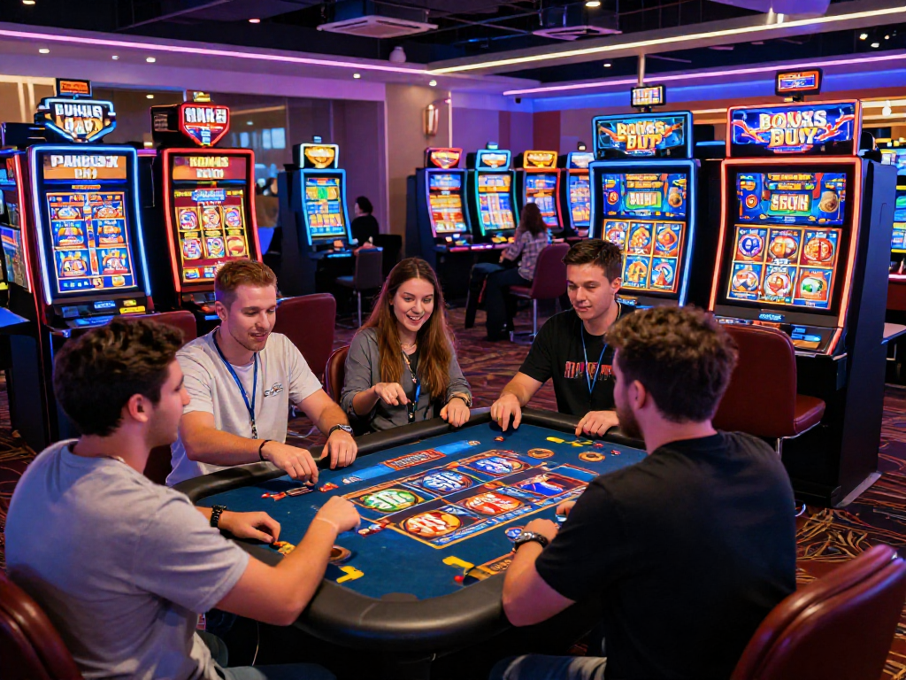 Dynamic scene of UK players enjoying high RTP slots and live dealer games at USA online casinos, showcasing an immersive and exciting gaming atmosphere.