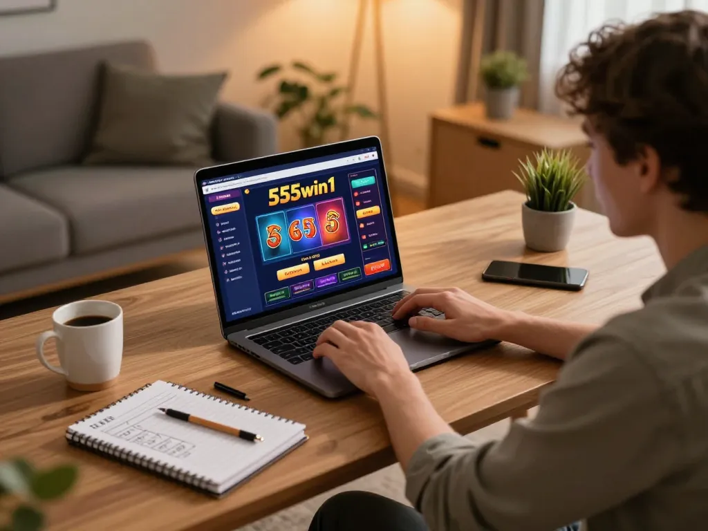 Engaged player using 555win1 at home, showcasing an exciting online casino experience.