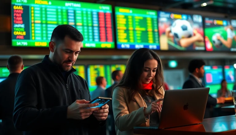 Engaged individuals participating in Sports Betting at a lively sports bar setting.