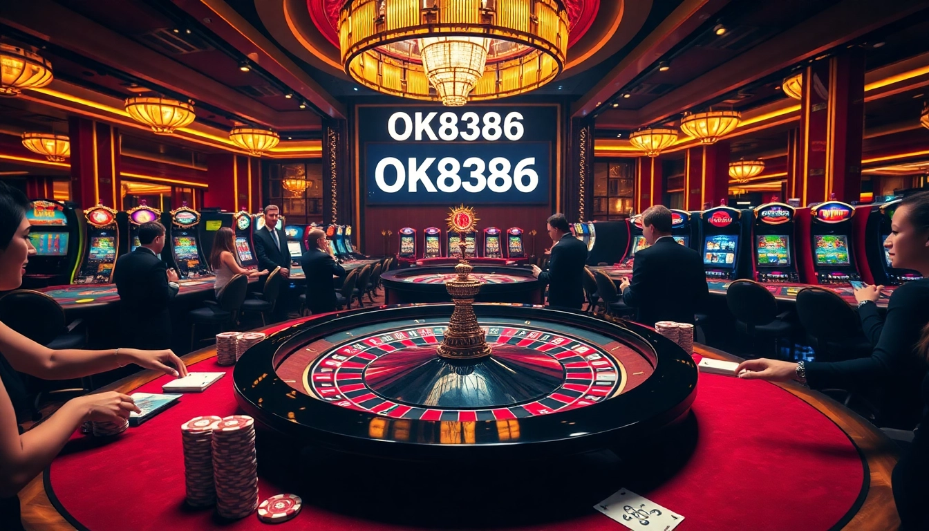 Players enjoy high-stakes action at a luxurious casino table representing OK8386.
