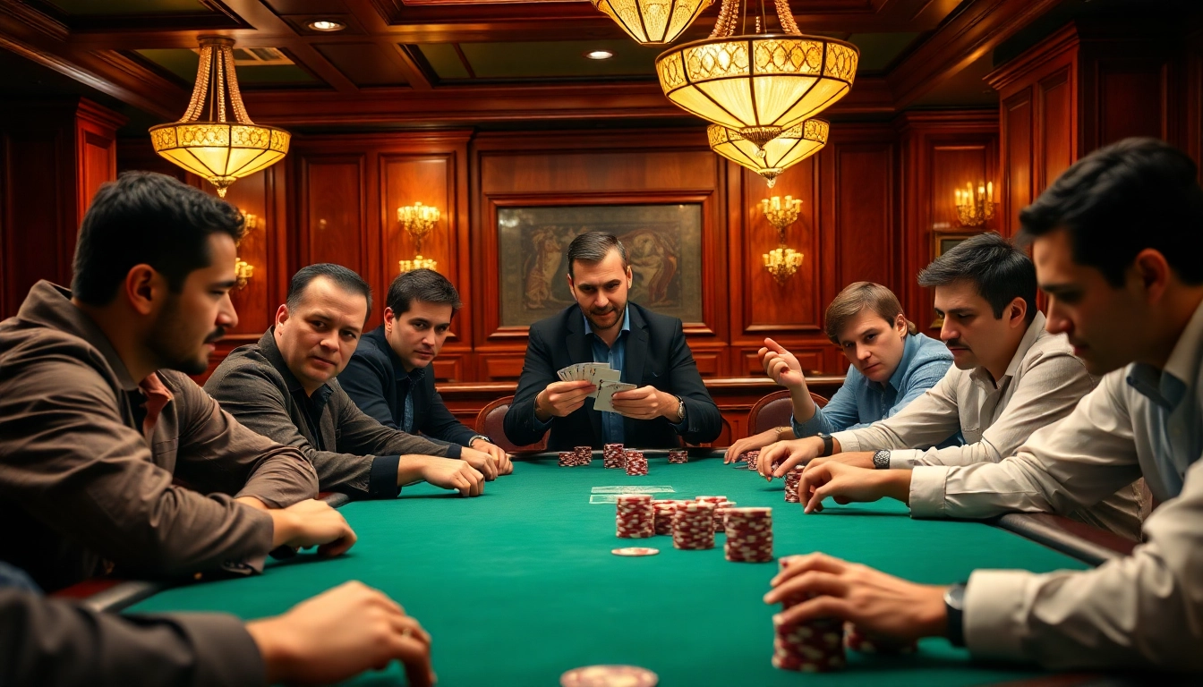Engaging poker game in a lively casino atmosphere with focused players and vibrant lighting.