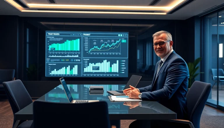 Une scène de conseil financier moderne avec des graphiques numériques mettant en évidence les solutions financières en ligne fiables de 79king en 2025