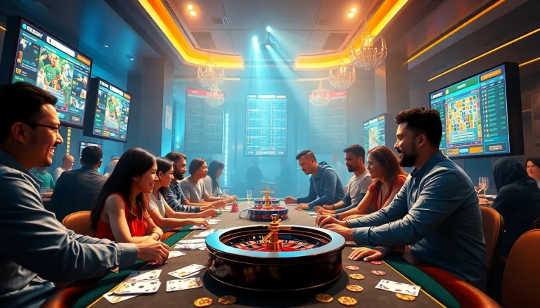 Aufregende Spielszene bei 79king, die vielfältige Spieler zeigt, die Casinospiele und Sportwetten genießen.