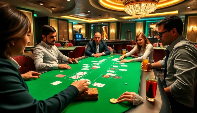 Experience the thrill of the Blackjack Casino with players and a dealer at an upscale gaming table.
