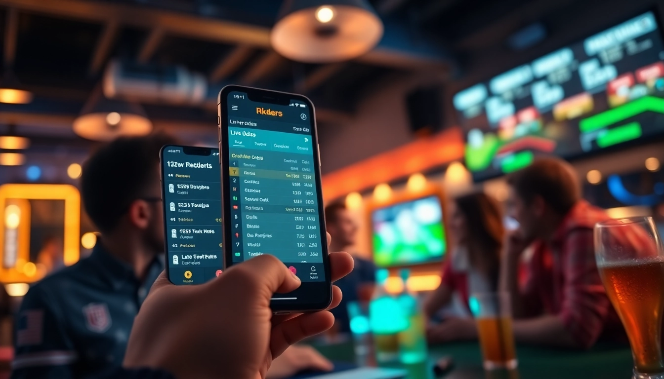Engage with online Betting through a smartphone displaying live odds in a lively sports bar.