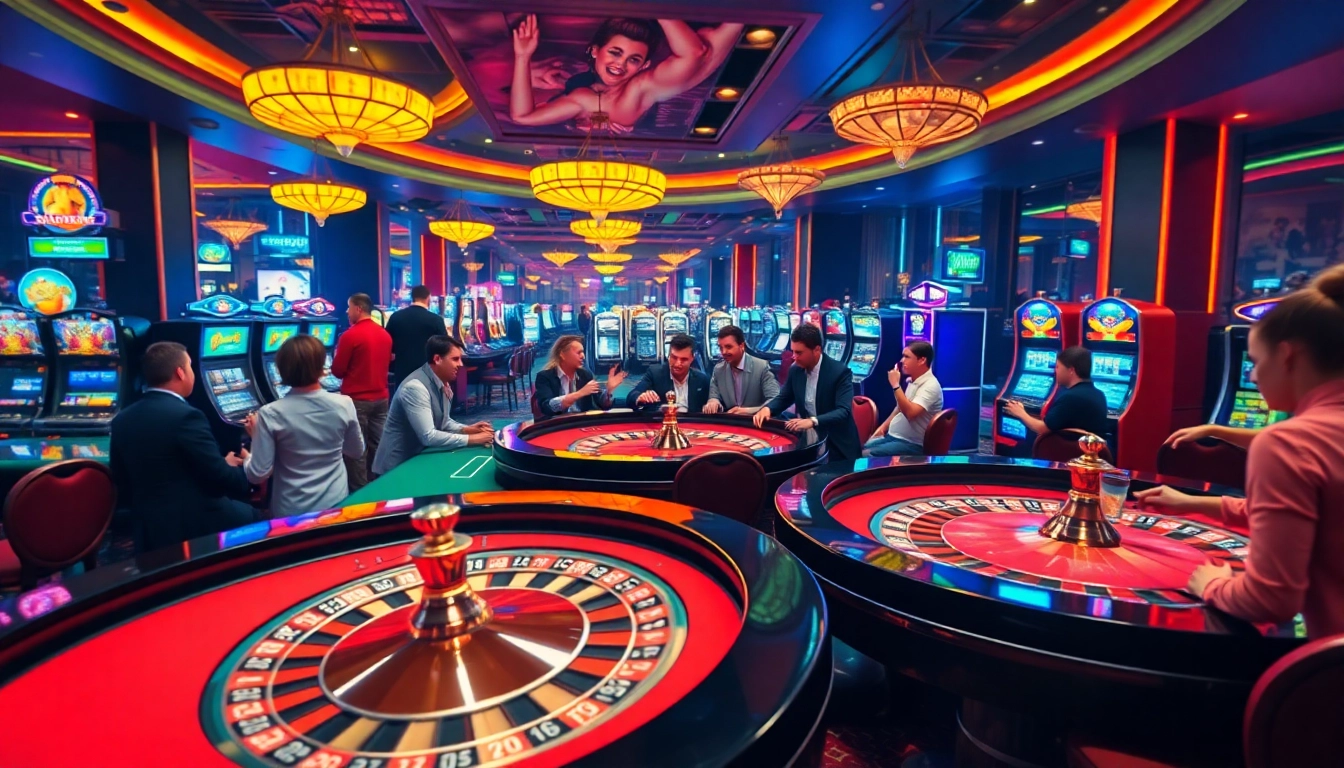 Engaging casino scene with players at roulette tables celebrating wins in a vibrant atmosphere.