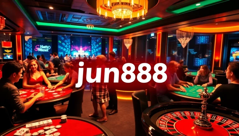 Players enjoying thrilling games at jun888 casino tables, surrounded by colorful chips and vibrant atmosphere.
