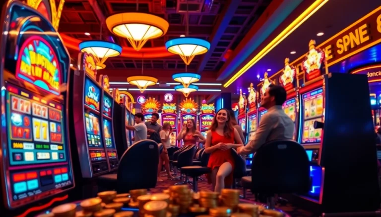 Menangkan pada Slot Game dengan mesin penuh warna dan atmosfer meriah di kasino.