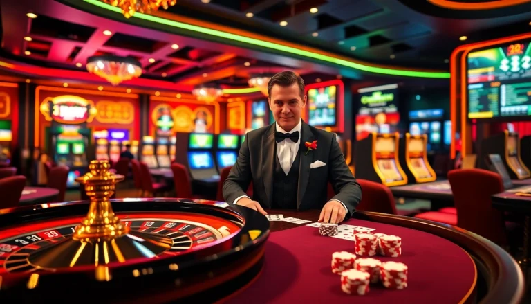 A vibrant casino scene showcasing the engaging atmosphere of 32win com with roulette, cards, and excited players.
