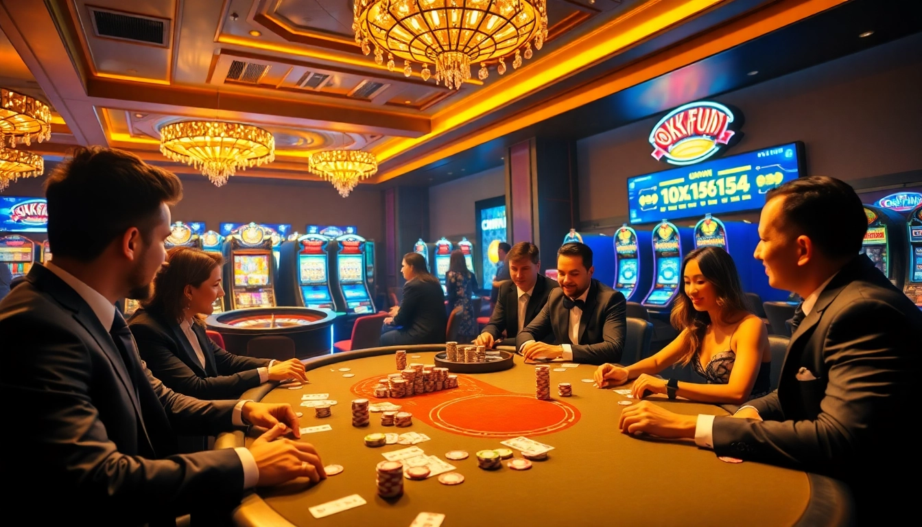 Exciting poker game environment at Okfun Casino with players and vibrant lights