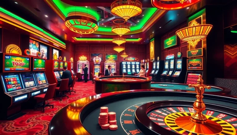 Exciting gambling scene at https://thabet77.sa.com/ showcasing vibrant casino tables and dealers.