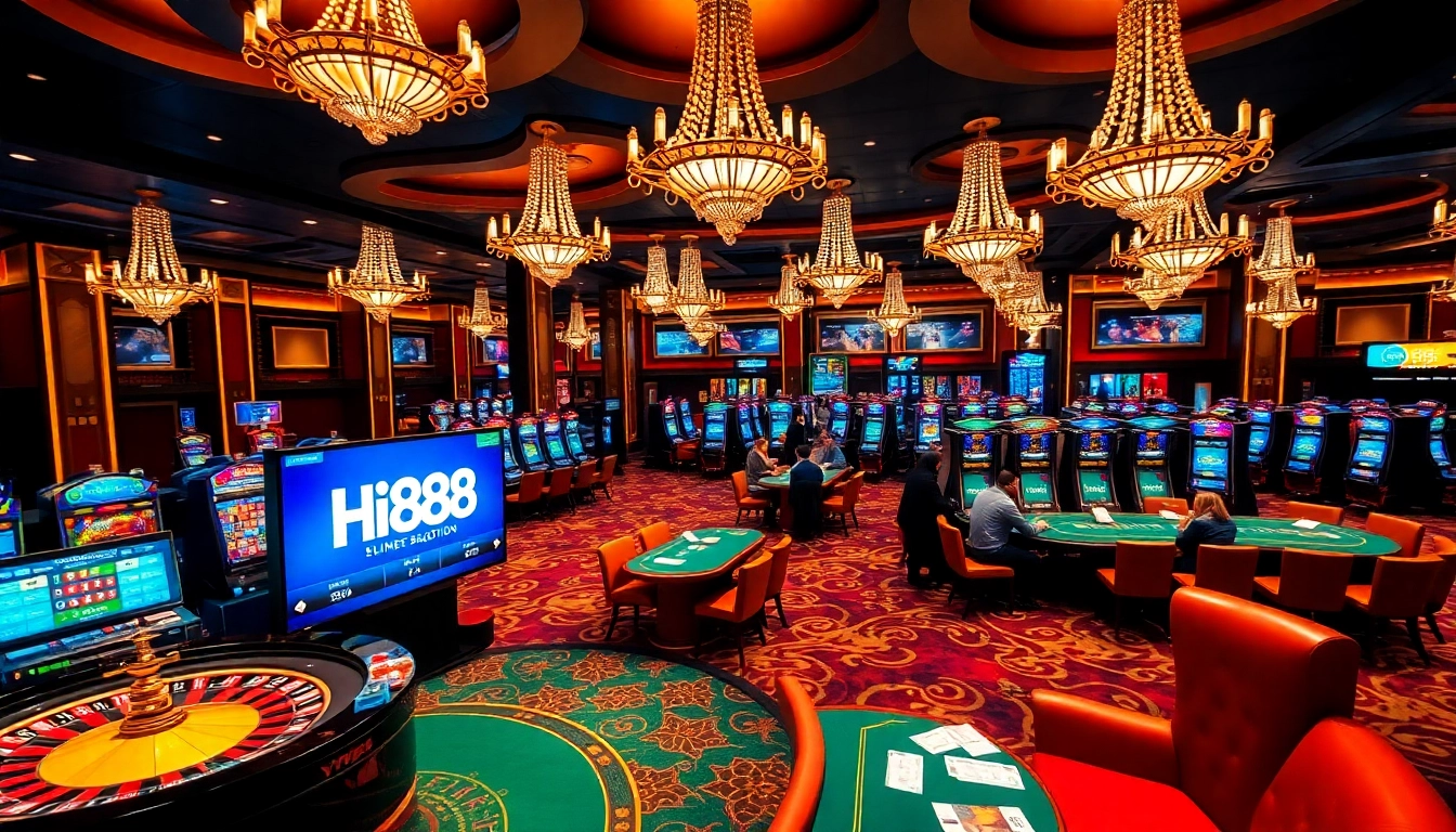 Casino gaming excitement with Hi888 branding on vibrant tables and slot machines.