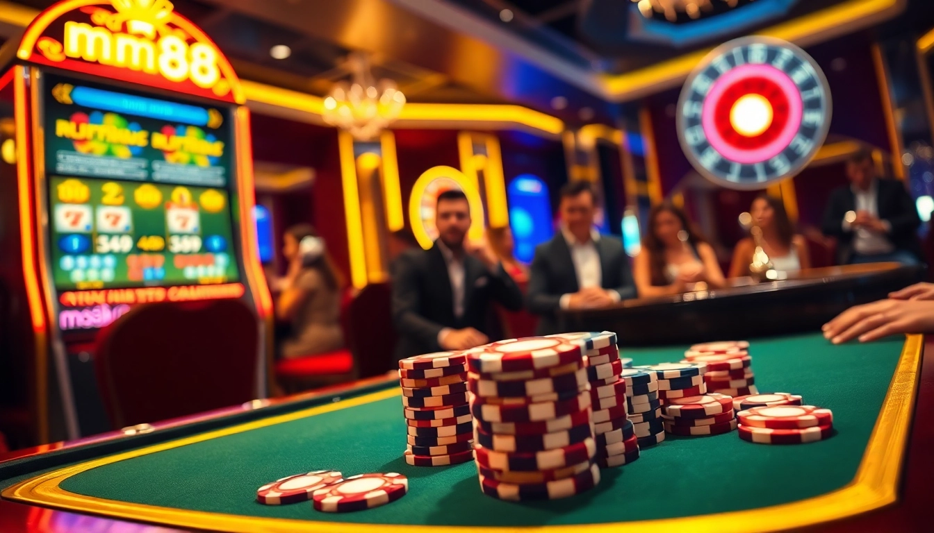 mm88 casino scene featuring lively gamblers at a poker table and dazzling slot machines.