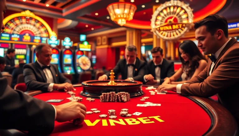 WINBET gaming table with players strategizing cards and chips in a luxurious casino atmosphere.