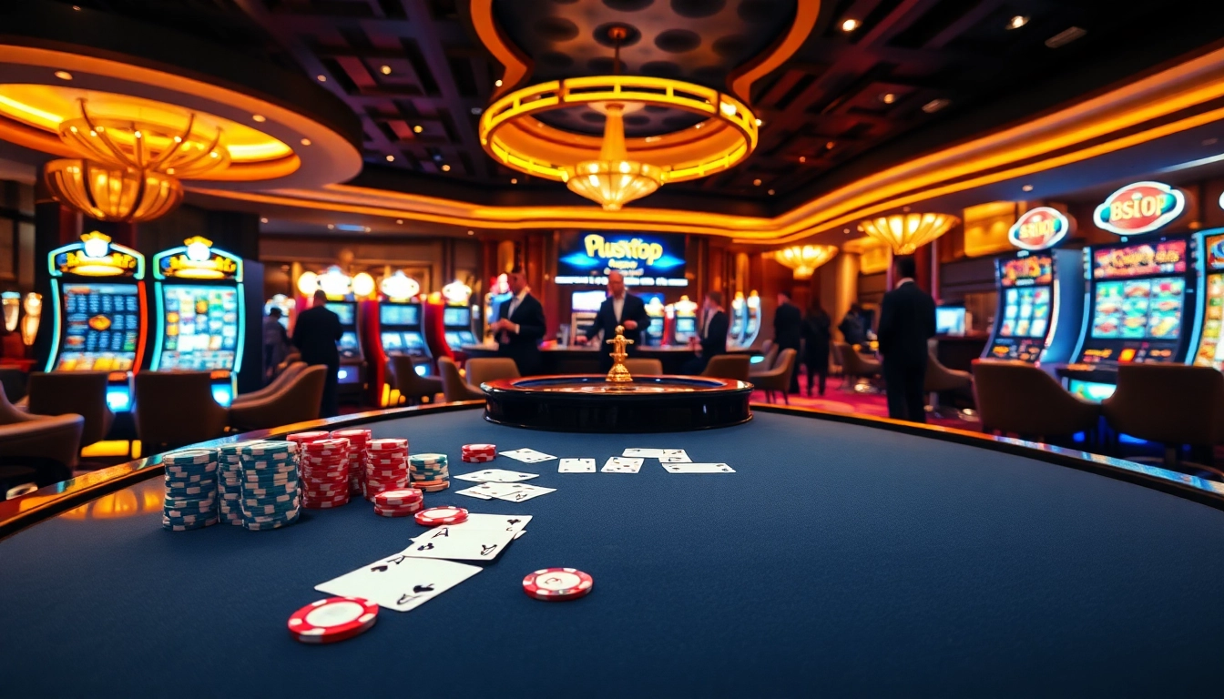 Exciting casino scene featuring dynamic gaming at 888TOP with poker tables, chips, and roulette wheels.
